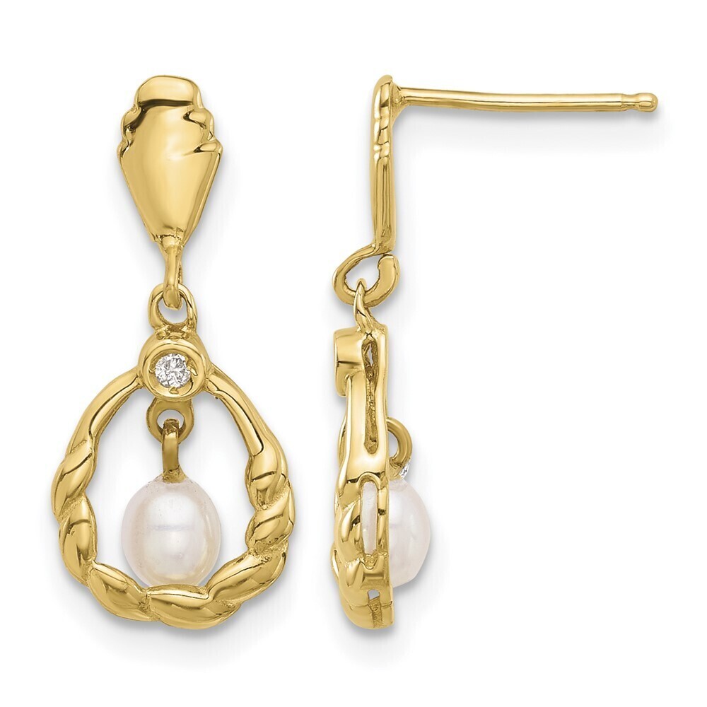 14k Yellow Gold 3-4mm Teardrop White FWC Pearl & .02ct Dia Post Dangle Earrings